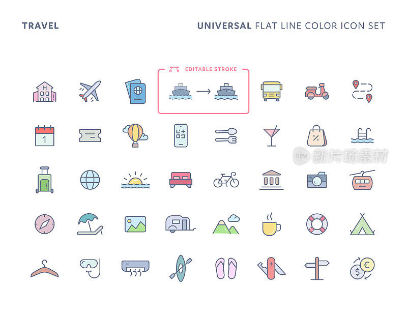 旅行通用颜色平线图标设置与可编辑的笔画。图标适用于网页，手机应用，UI, UX和GUI设计。